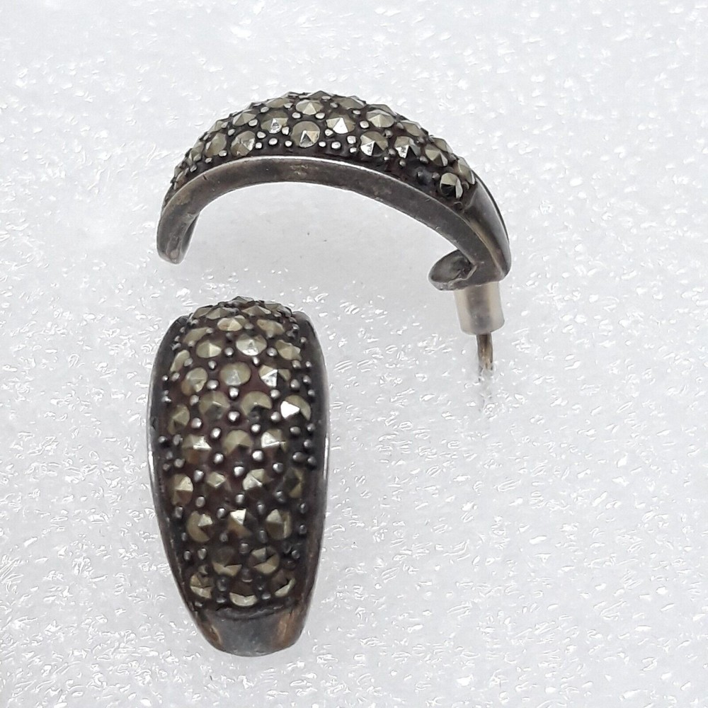 Marcasite Half Hoop Earrings 925 Sterling Silver Vintage 5.7g